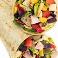 Fire Roasted Cabo Jack Wrap · Chopped romaine and iceberg blend, all-natural chicken, corn bean blend, roasted red peppers...