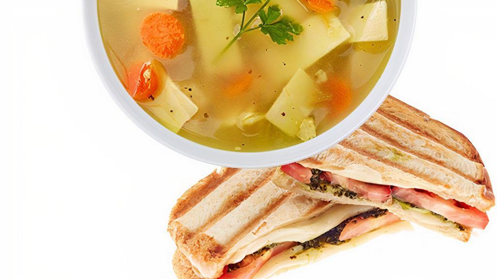 Panini / Soup · Create your own style with your choice of any half panini and small soup. Upgrade soup size for an additional charge. 90-960 cal.