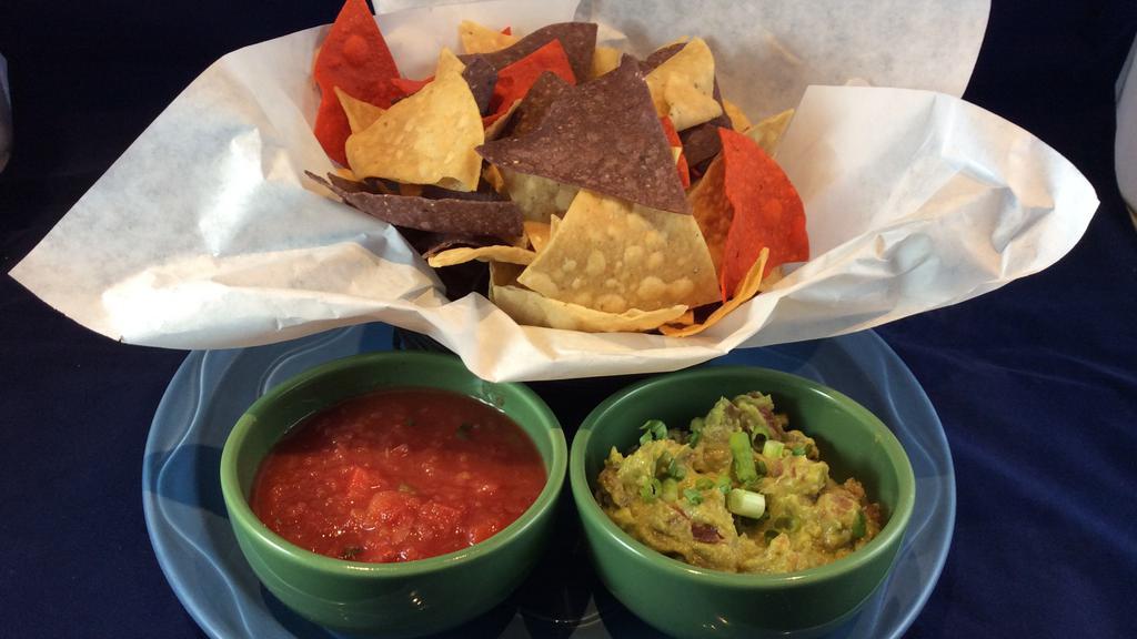 Chips, Salsa & Guacamole · Served with guacamole.