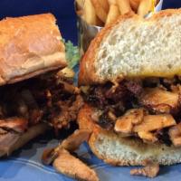 Smoke House Tri Tip · Fresh roasted tri tip with melted cheddar cheese, mushrooms and BBQ sauce topped with house ...