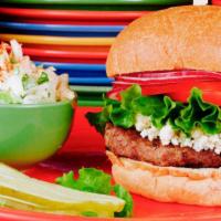 Bleu Cheese Burger (1/2 Lb.) · With Bleu cheese crumbles, tomato, lettuce and red onion served on a brioche bun.
