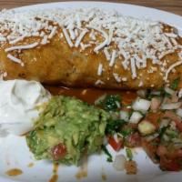 Wet Burrito · Burrito filled with rice, beans, pico de gallo and your choice of meat - covered in red sauc...