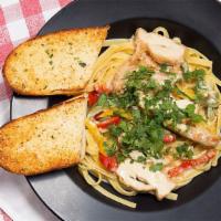 Lime & Cilantro Chicken Fettuccine · Chicken, lime, red, yellow & green peppers, cilantro  with cream sauce with side salad and g...