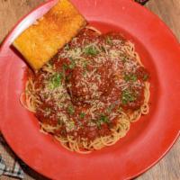 Spaghetti Meatball · Marinara sauce, spaghetti pasta and parmesan cheese.