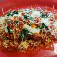 Spinach Lasagna · Spinach lasagna, mozzarella cheese, ricotta cheese, marinara sauce and parmesan cheese.