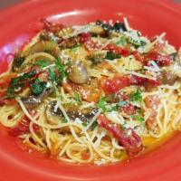 Capellini Sundried Tomatoes Mush · Capellini pasta, sun dried tomatoes, mushrooms, garlic, olive oil sauce and parmesan cheese.