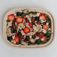 Spring Berry Salad · Chicken - Baby Spinach - Red Onion - Strawberry - Blueberry - Feta - Candied Pecans - Medite...