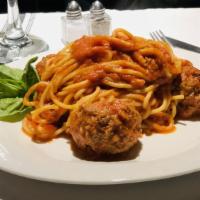 Spaghetti Pasta & Meatballs · Spaghetti with homemade meatballs in light tomato and basil sauce.