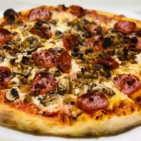 12'' Mupesa Pizza · Mushrooms, pepperoni, Italian sausage, mozzarella and tomato sauce.