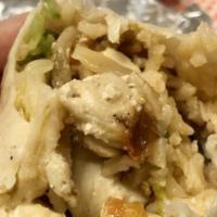 Fish Burrito · Grilled pollock fish, pico de gallo, rice, beans, and lettuce.