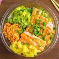 Small Grilled Salmon Bowl · grilled salmon, on  a base of rice and two sides. Goes best with our Hawaiian BBQ sauce or a...