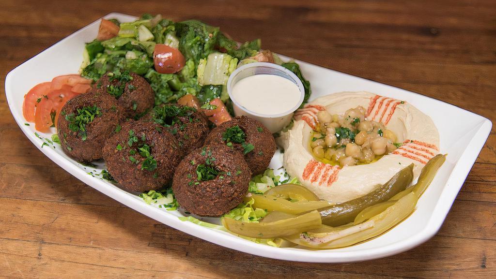 Falafel Plate · Six pieces of falafel, lettuce, tomatoes, onions, italian parsley, hummus and tahini sauce. Served with rice, hummus and salad