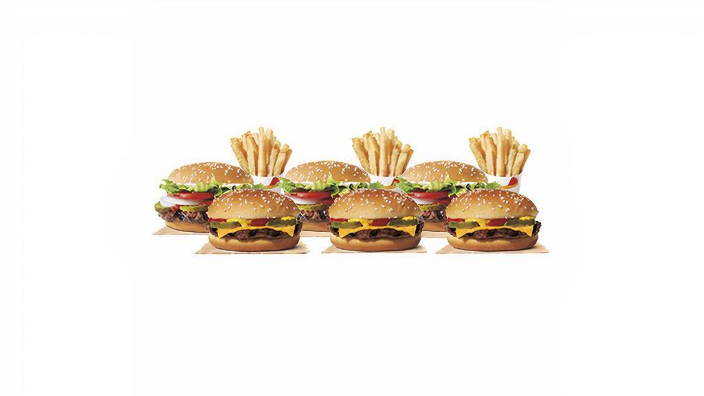 Family Bundle · Includes 3 Whoppers, 3 Cheeseburgers, 4 Medium Fries. No substitutions and not valid on specialty versions.