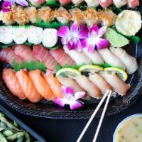 Sushi Family Pack · Feeds 4. Premium Black Edamame, Miso Soup, Sushi (Tuna, Salmon, Albacore, Yellowtail), Rolls...
