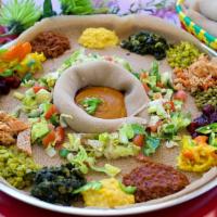 Vegan Sampler Platter · A combination of Beets, Cabbage, Gomen, Shiro Wot, Yater Alicha, Yemesir Wot