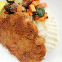 Chicken Milanese · Thinly breaded chicken breast.
Served with your choice of two sides.