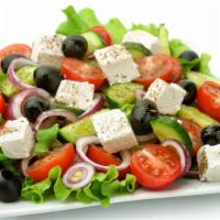 The Greek Salad · Fresh salad made with romaine lettuce, olives, sliced cucumber, tomatoes, red onions, bell p...