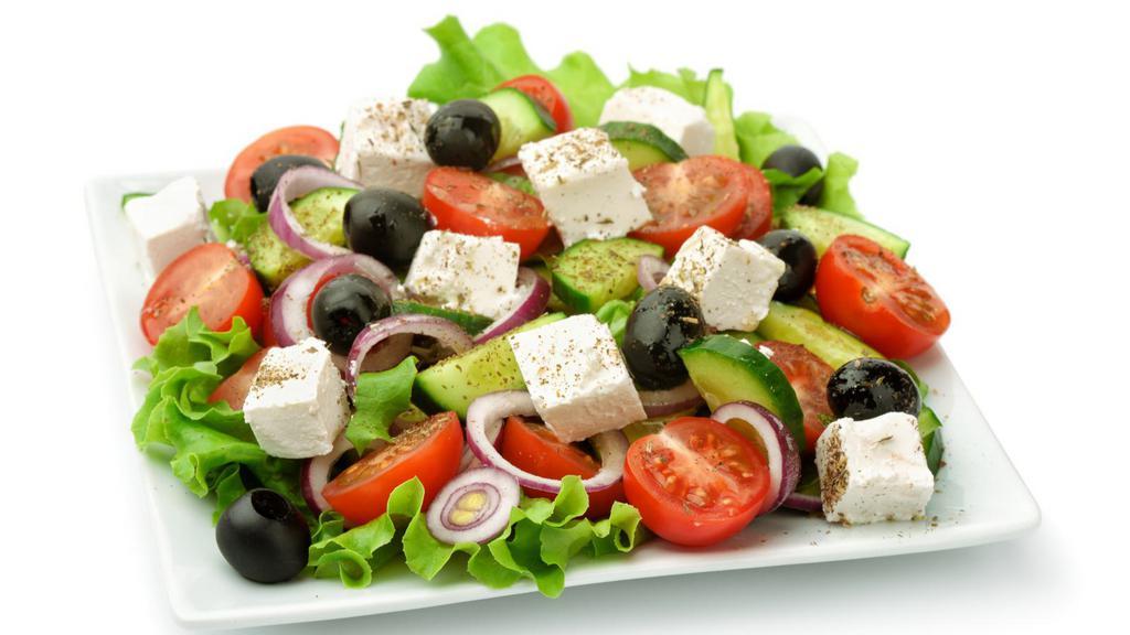 The Greek Salad · Fresh salad made with romaine lettuce, olives, sliced cucumber, tomatoes, red onions, bell peppers, feta cheese, and a balsamic dressing.