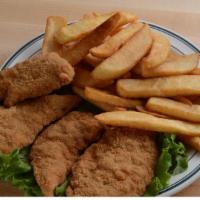 Chicken Tenders · Four breaded chicken tenders with a side of thick-cut steak fries.