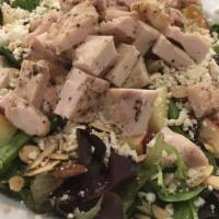 Chicken Harvest Salad · Mixed organic baby greens, grilled chicken breast, candied sliced almonds, cranberries, appl...