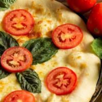 Pizza Margherita (No Sauce) · Brushed with extra virgin olive oil, topped with Mozzarella, fresh Roma tomatoes, fresh basi...