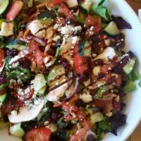 Napa Salad · Romaine spring mix, grilled chicken, cucumbers, Gorgonzola, roma tomatoes, candied pecans, c...