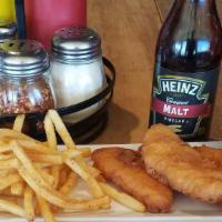 Fish And Chips · Three alaska cod in sam adams beer batter with fries, tarter sauce and malt vinegar