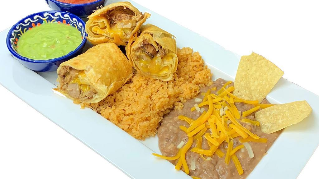 Chimichanga Dinner · Jumbo flour tortilla stuffed with chile Verde, beans, cheese, fried till golden brown. Served with rice, beans, salsa, and guacamole on the side.
