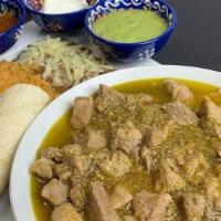 Chile Verde Special Dinner · Tender pork simmered in green tomatillo sauce and spices. With salsa and guacamole on the si...