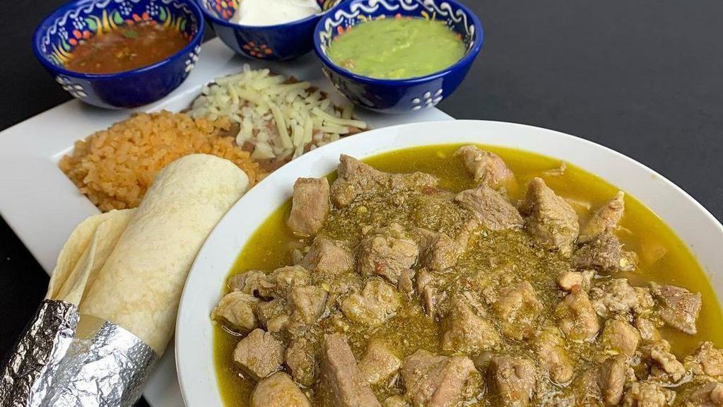 Chile Verde Special Dinner · Tender pork simmered in green tomatillo sauce and spices. With salsa and guacamole on the side. Includes rice, beans, and your choice of corn or flour tortillas.