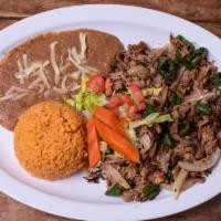 Carnitas · Chihuahua style pulled pork, with citrus flavors and spices. Served with guacamole, pico de ...