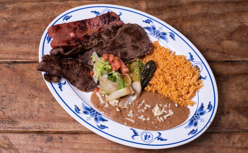 Carne Asada · Tender slices of sirloin, grilled with onions in the traditional way. Served with tortillas.