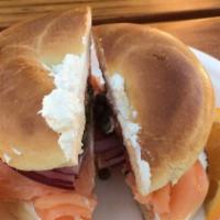 Lox & Bagel · Smoked salmon, cream cheese, tomato, red onion and capers, on plain bagel.