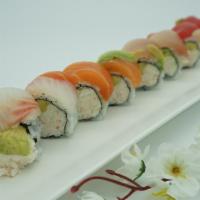 Rainbow · Variety of fish on top of California roll.