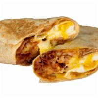 Haus Burrito · 3 eggs, smoked bacon, white American cheese, crispy tater tots, caramelized onions, spicy ma...