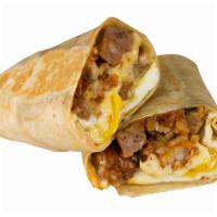 Würst Burrito · 3 eggs, choice of Haus sausage, white american cheese, crispy tater tots, caramelized onions...