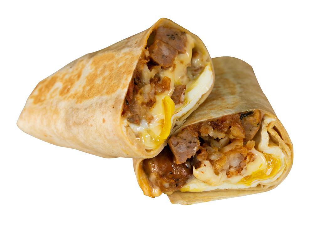 Würst Burrito · 3 eggs, choice of Haus sausage, white american cheese, crispy tater tots, caramelized onions, spicy mayo.