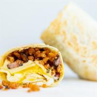 Pastrami Burrito · 3 eggs, thick cut pastrami, white American cheese, crispy tater tots, spicy mayo.