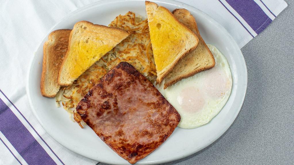 #3. Ham With 2 Eggs · Hashbrowns and toast.