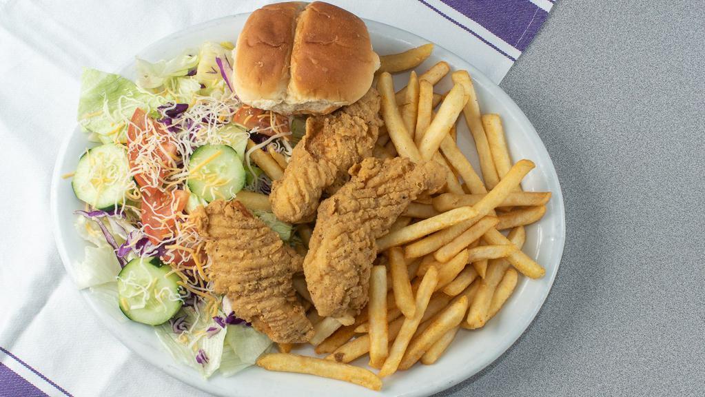 Chicken Strips Dinner · 3 Pieces chicken strips, French fries, dinner salad and roll, 16 ounce soft drink.