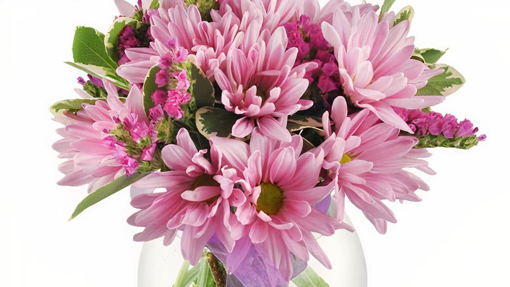 Happy Thoughts · For anyone who loves pink and purple hues, our Happy Thoughts bouquet is a pure pleasure! A bundle of darling daisies mixes delightfully with sweet statice to create a veritable symphony of tones! Send one to a sweetie, or help to instantly brighten up any room or office!