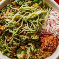 Kale Noodle Poke · Shrimp, spicy tuna, kale noodle. Spring mix, cucumber, sweet onion, green onion, cilantro ho...