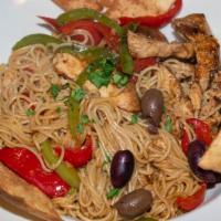 Chicken Pasta · Served on a bed of angel hair pasta, topped with bell peppers, and fried pita chips. served ...