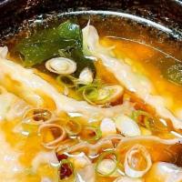 Sui Shrimp Gyoza · Boiled Gyoza with Clear Pork Soup, 5pcs, Ground Shrimp, Nira Chive, Egg White, and Green Oni...