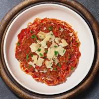 Bolognese Domination Pasta · Fresh spaghetti cooked in a meaty red sauce and topped with parmesan, parsley, and garlic. .