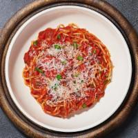 Marinara Master Pasta · (Vegetarian) Fresh spaghetti cooked in a red sauce made with san marzano tomatoes, extra vir...