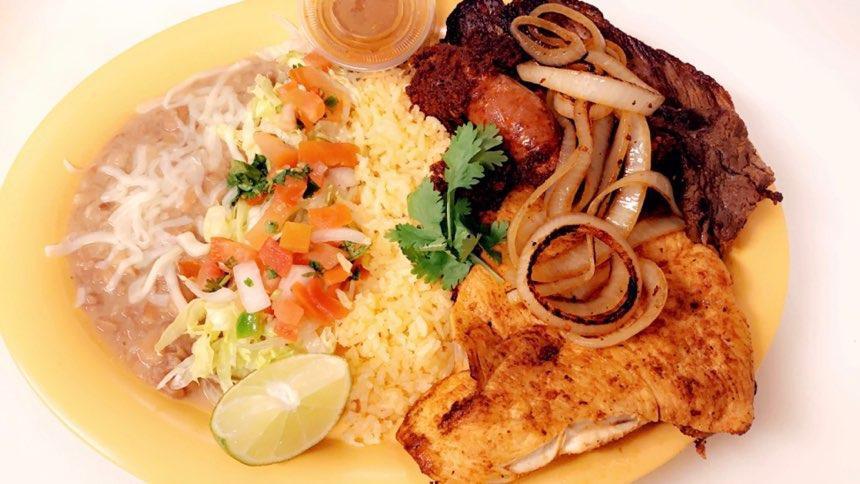 Plato Loco · Chicken breast, whole steak, piece of chorizo, includes rice ,beans, lettuce, tomato, salsa and 6 corn tortillas.