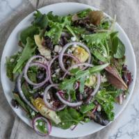 Greek Salad · Mixed greens with greek dressing, artichoke hearts, kalamata olives, and Feta cheese.