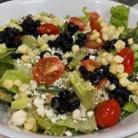 Baja Salad · Chopped Romaine, cherry tomato, diced avocado, diced red onion, white corn, black beans, Fet...