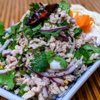 Larb Salad · Choice of ground pork, chicken, or tofu. Mixed with red onion, roasted rice powder, chilli p...